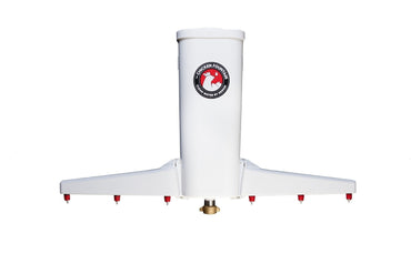 Chicken Fountain automatic chicken waterer with dual arms and red nipple drippers on white background.