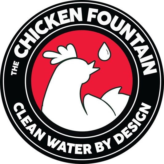 The Chicken Fountain logo featuring white chicken silhouette and water droplet with “Clean Water By Design” text.
