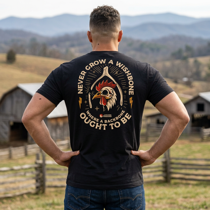 Never Grow A Wishbone Black Tee - The Chicken Fountain