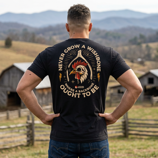 Never Grow A Wishbone Black Tee - The Chicken Fountain