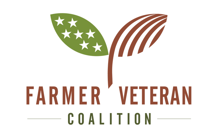 Farmer Veteran Coalition logo featuring green leaf with white stars and stylized farm field design.